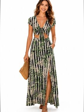 Blithe LA Maxi Dress Green Multi Boho Tropical Print Open Back Maxi Dress Size M